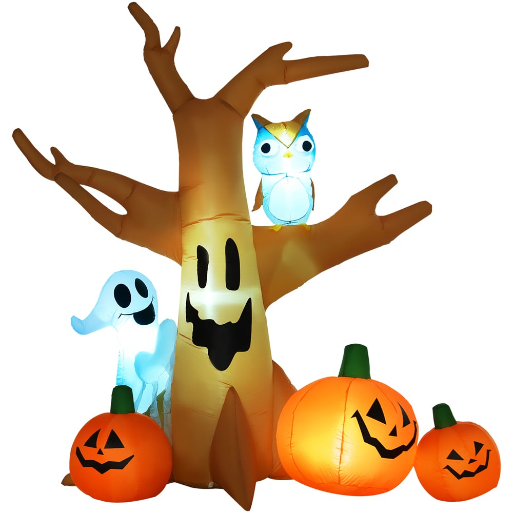 HOMCOM Halloween Inflatable Ghost Tree with Owl and Pumpkins 8ft Image 1