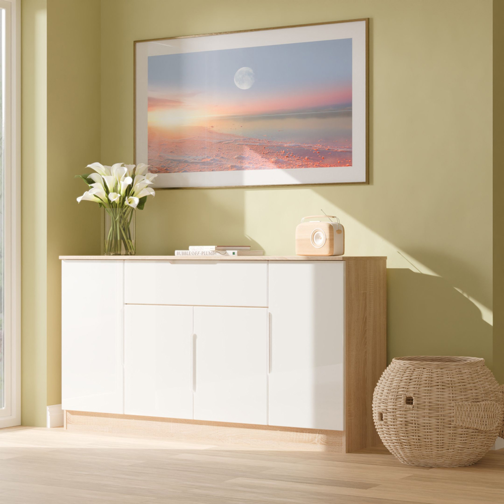 Crowndale Milan 4 Door Single Drawer White Gloss and Bardolino Oak Wide Sideboard Ready Assembled Image 9