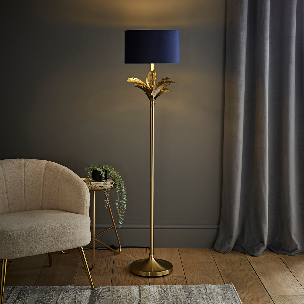 ValueLights Christina Navy Velvet and Gold Palm Leaf Floor Lamp with Bulb Image 2