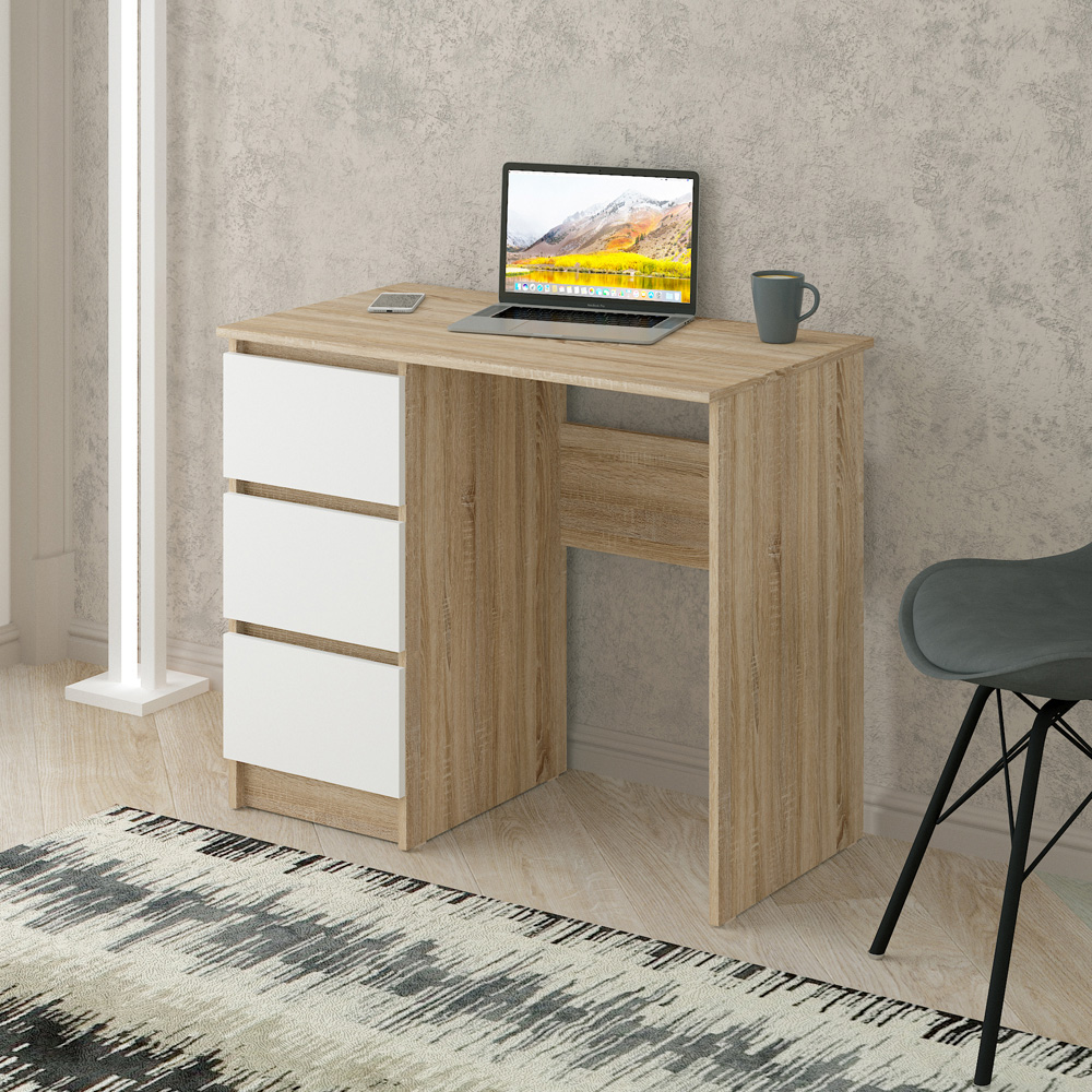 Shefa Cina 3 Drawer Compact Computer Desk Sonoma Oak and White Image 4