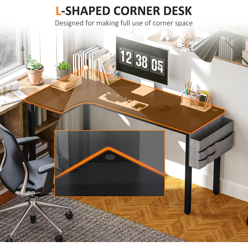 HOMCOM L Shaped Corner Computer Desk with Fabric Bag and Hooks Black Image 4