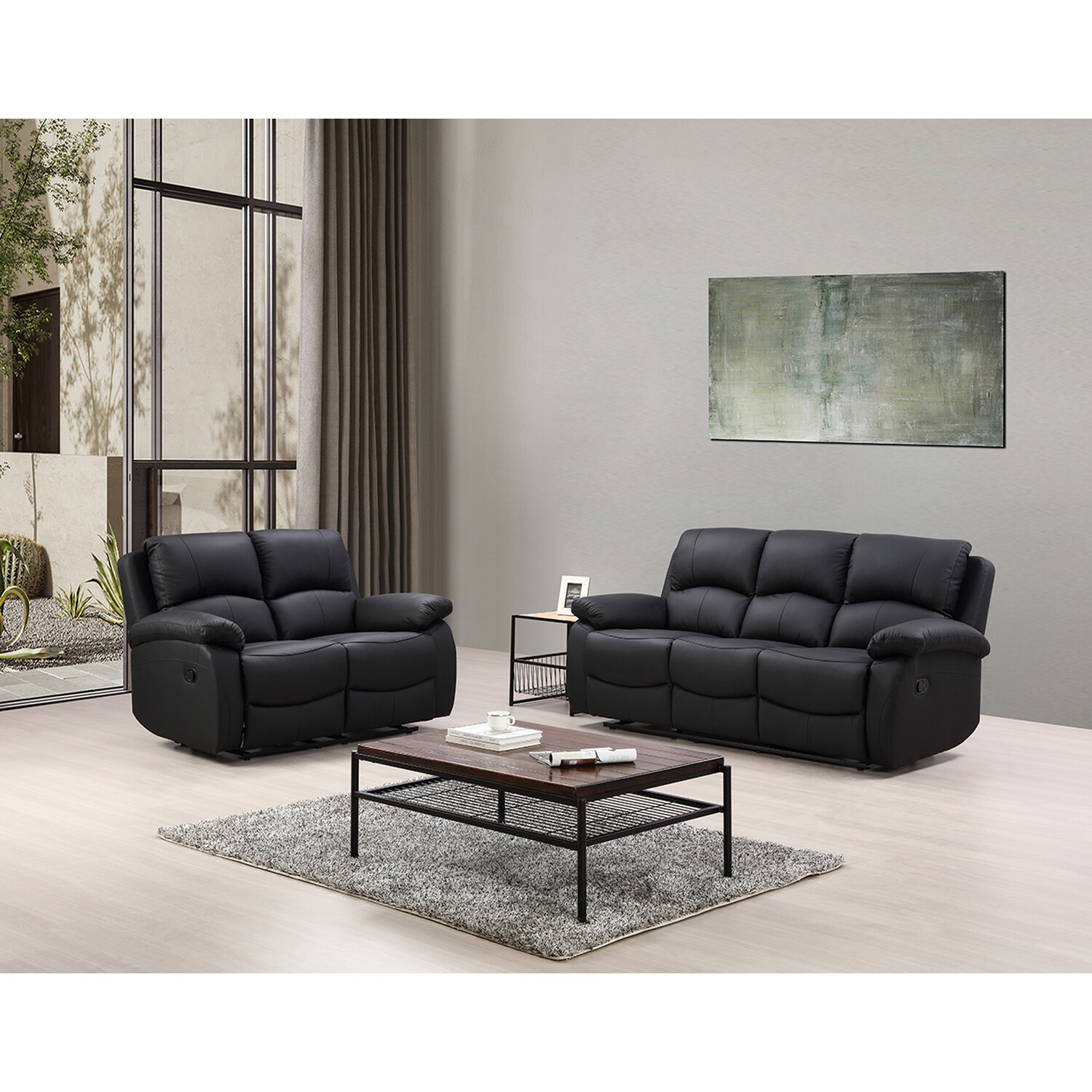 Milano 2 Seater Black Leather Manual Recliner Sofa Image 4
