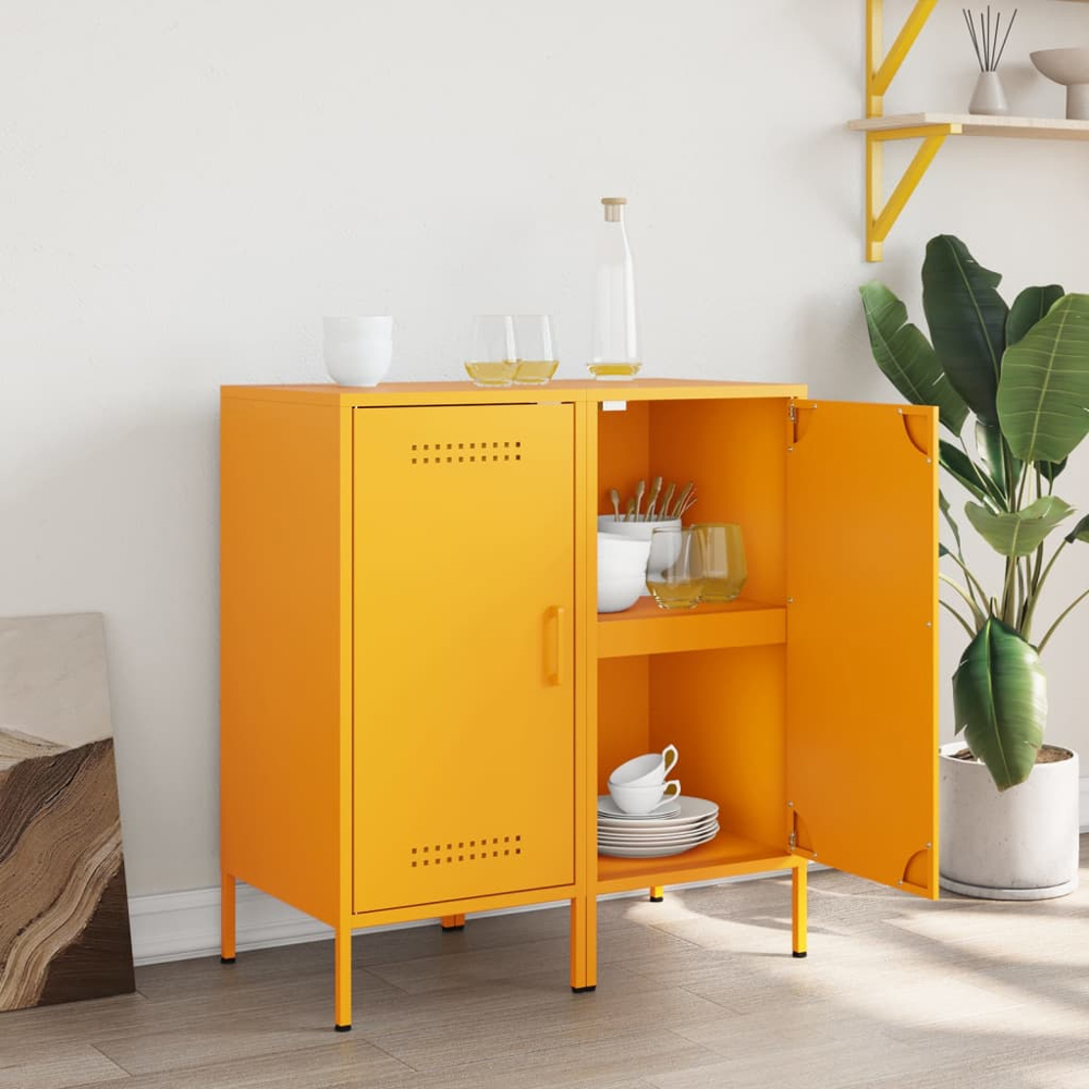 vidaXL Single Door Mustard Yellow Metal Sideboard Set of 2 Image 9