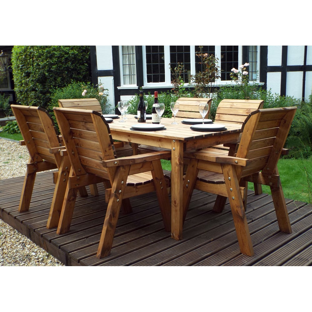 Charles Taylor Solid Wood 6 Seater Rectangular Outdoor Dining Set with Red Cushions Image 2