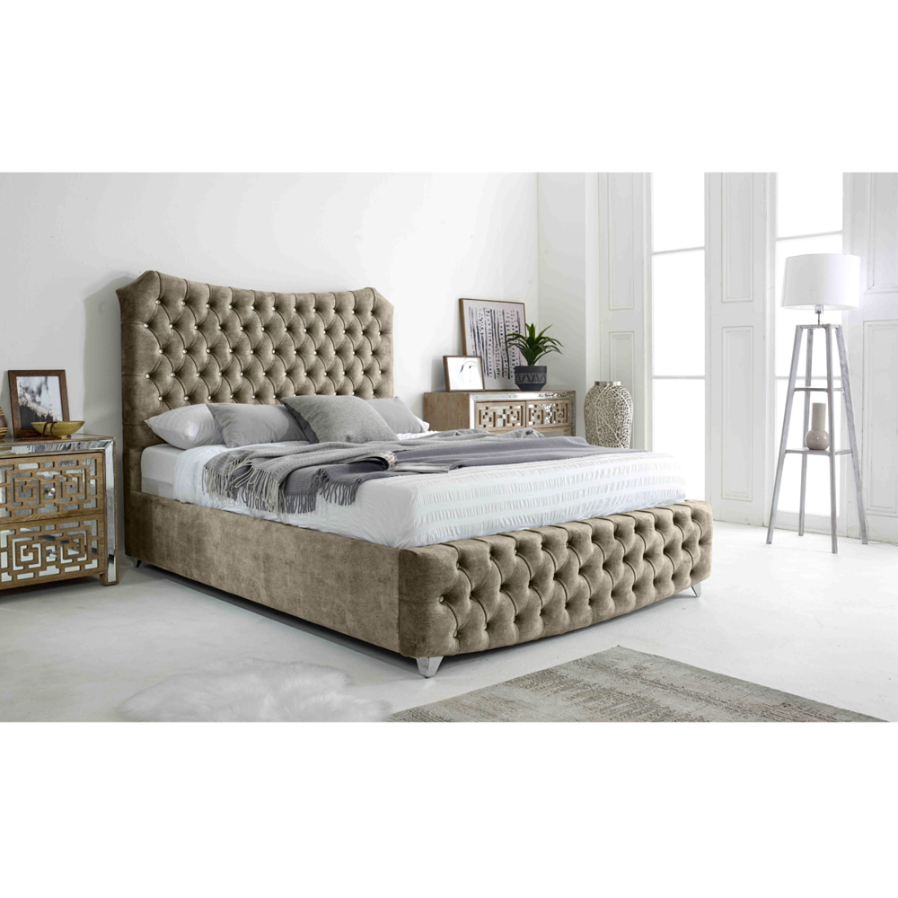 Eleganza Valentino King Size Oatmeal Marble Fabric Bed with Chesterfield Headboard and Footboard Image 7