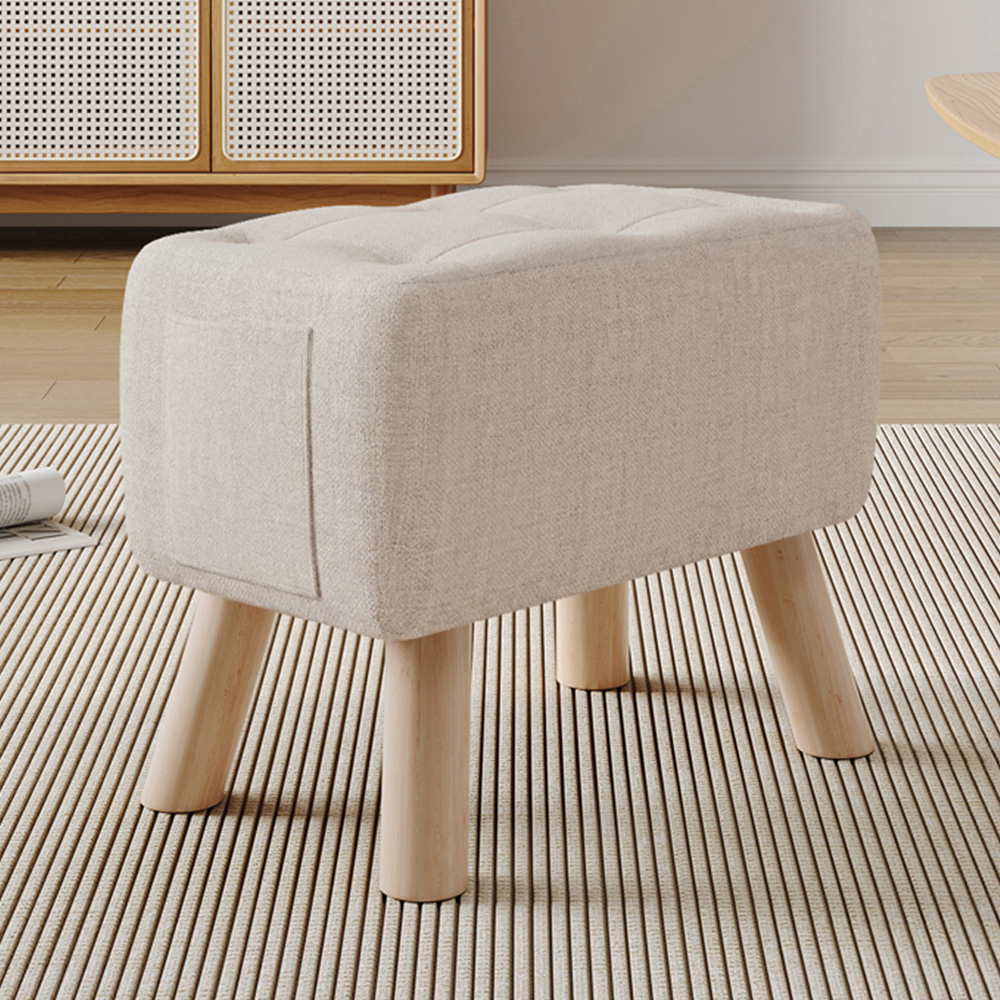 Living and Home Beige Linen Footstool with Oak Legs and Side Pocket Image 1