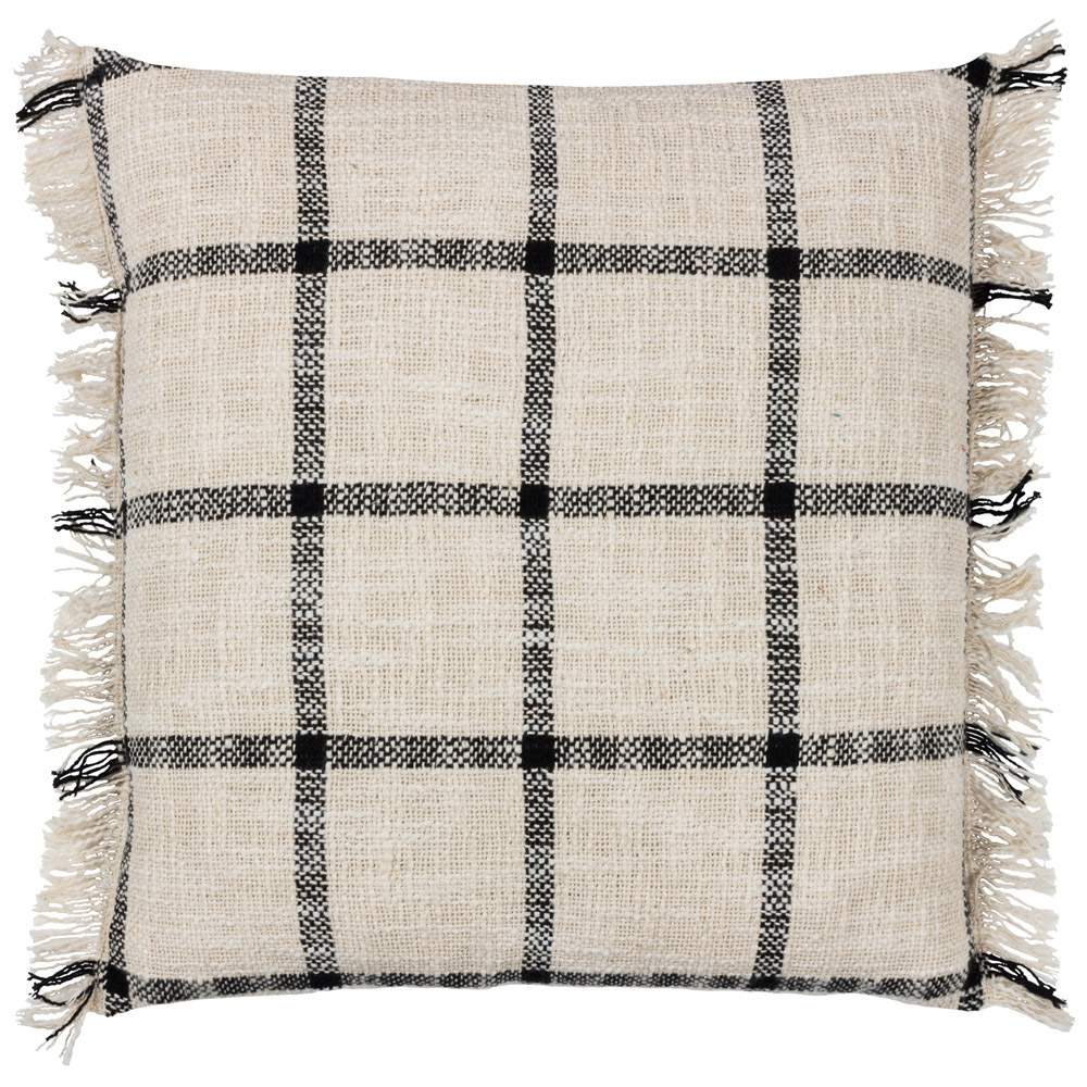 Yard Beni Natural and Black Check Fringed Cushion Image 1