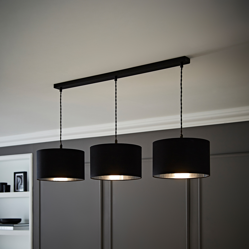 ValueLights Reni Black and Chrome Drum Shade 3 Drop Bar Black Diner LED Ceiling Light Image 2