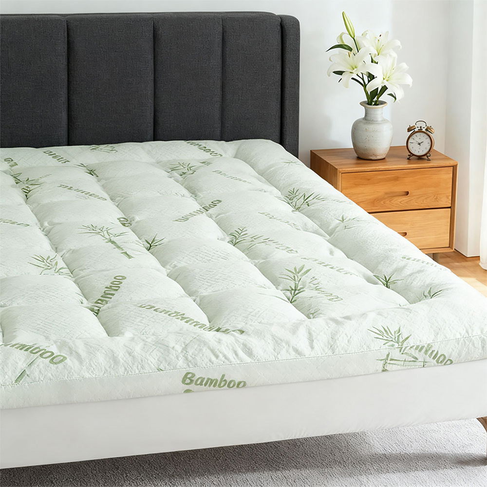 Living and Home Double White and Green Bamboo Leaf Quilted Mattress Topper Image 2