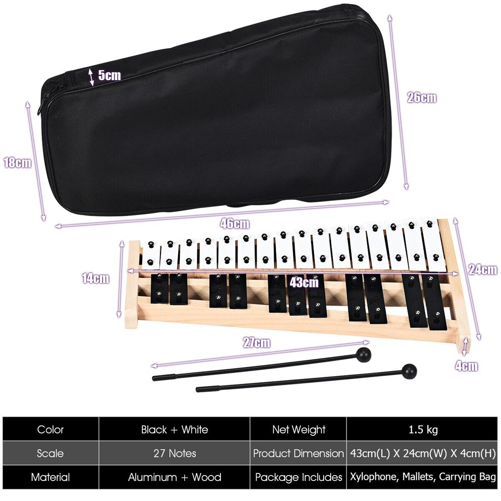 Costway 27 Notes Glockenspiel Xylophone with Carrying Bag Image 9