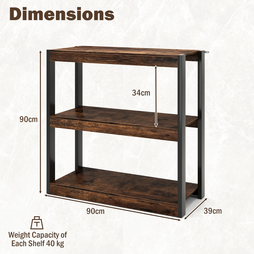 Costway 3 Tier Rustic Brown Wooden Bookcase with Dual Anti Tipping Kits Image 9