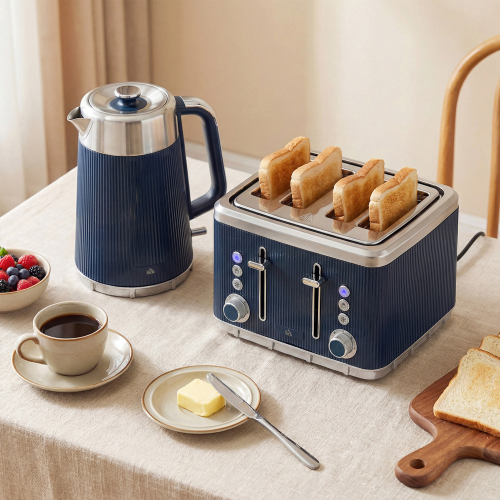 HOMCOM Dark Blue 1.7L Rapid Boil Kettle and 4 Slice Toaster Set Image 2
