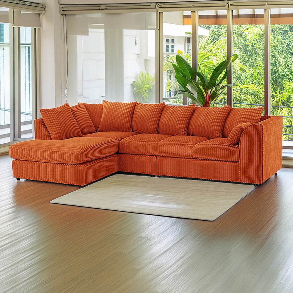 Luxor 4 Seater Orange Jumbo Cord Left Hand Facing Scatter Back L Shaped Corner Sofa Set Image 1