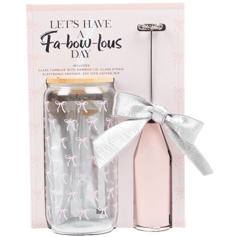 Bow Iced Latte Glass and Frother Set Pink Image 1