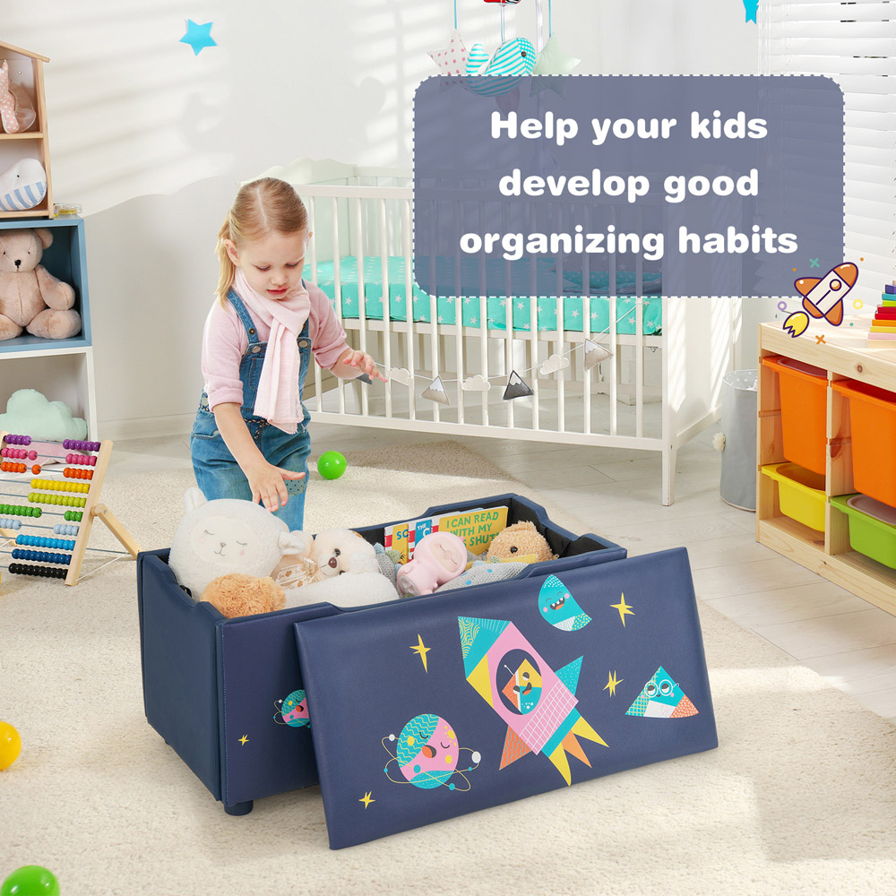Costway Navy Blue Upholstered Kids Toy Storage Box Image 5