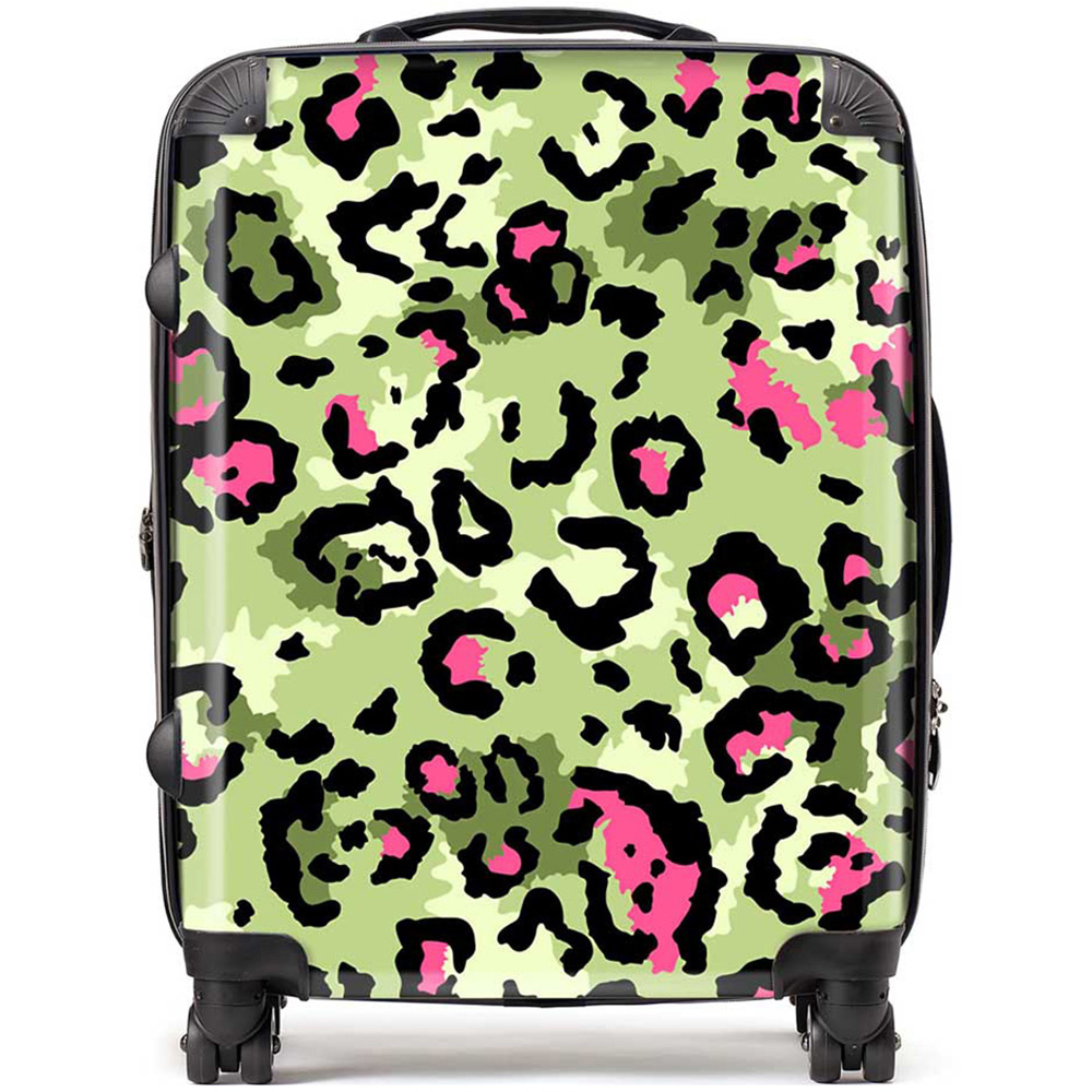 Warren Reed Designer Large Green and Pink Leopard Print Suitcase Image 1