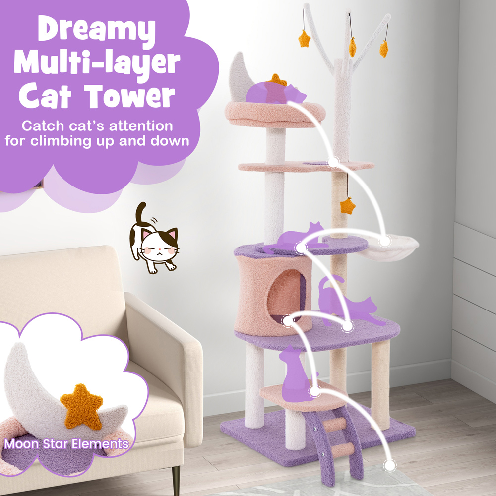 Costway Purple Multi Level Cat Tower with Sisal Covered Scratching Posts Image 5