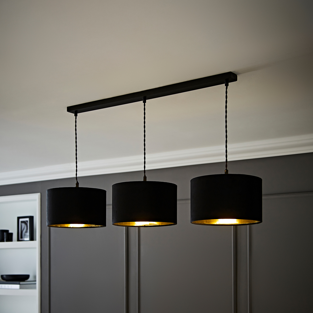ValueLights Reni Black Velvet and Gold Shade 3 Drop Bar Black Diner LED Ceiling Light Image 2