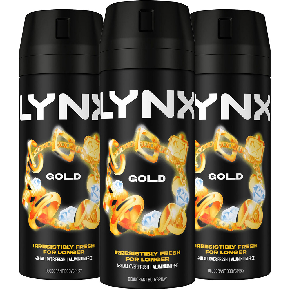 Lynx Gold Oud Wood and Fresh Vanilla 48H Protection Deodorant Body Spray 150ml 3 Pack Image 1