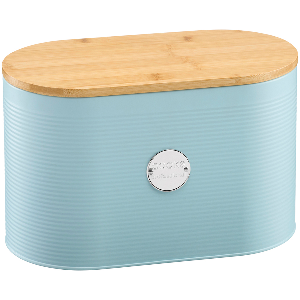 Cooks Professional Blue and Silver Ribbed Bread Bin with Linen Bag and Bamboo Lid Image 3