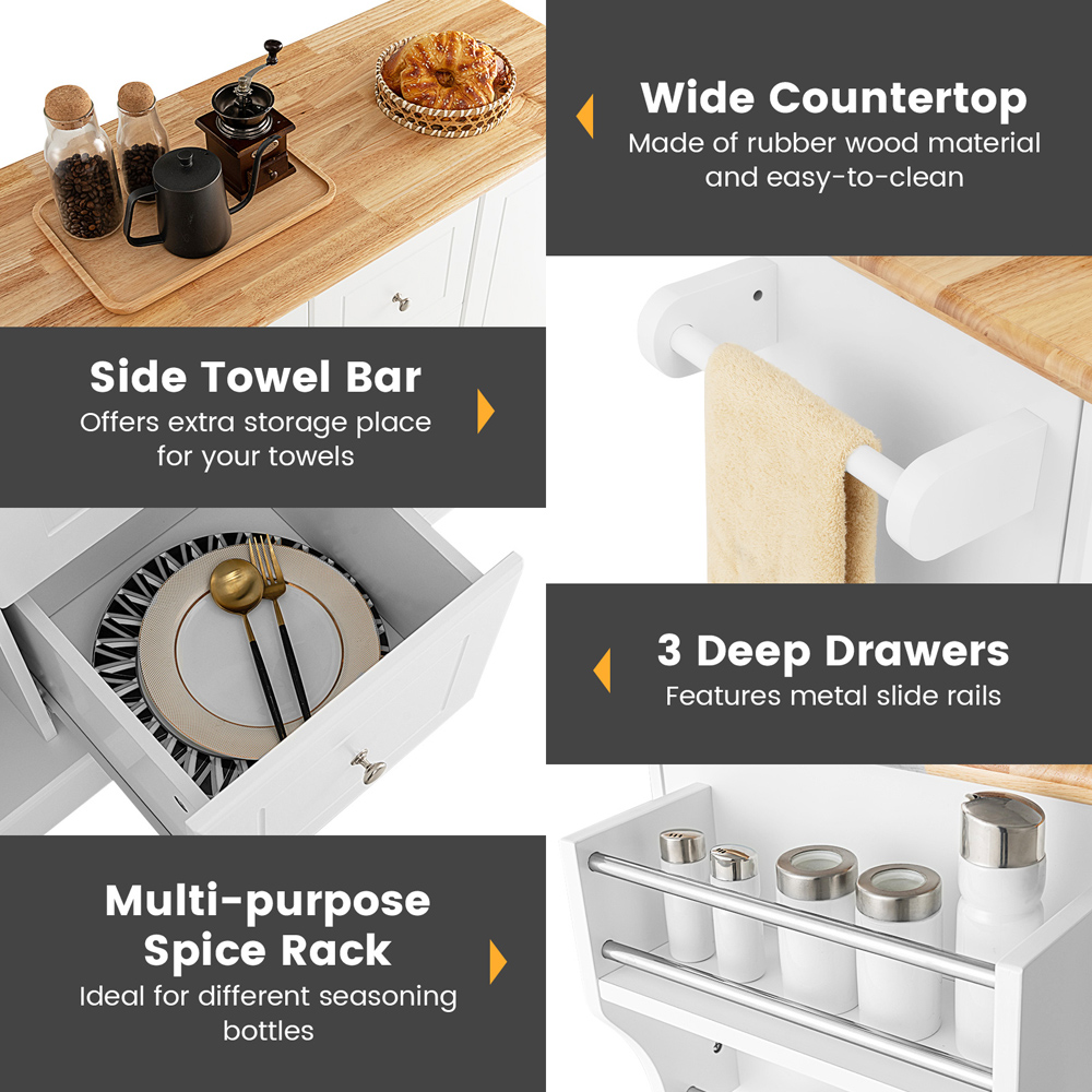 Costway 2 Door 3 Drawer White Mobile Kitchen Island Cart Image 6