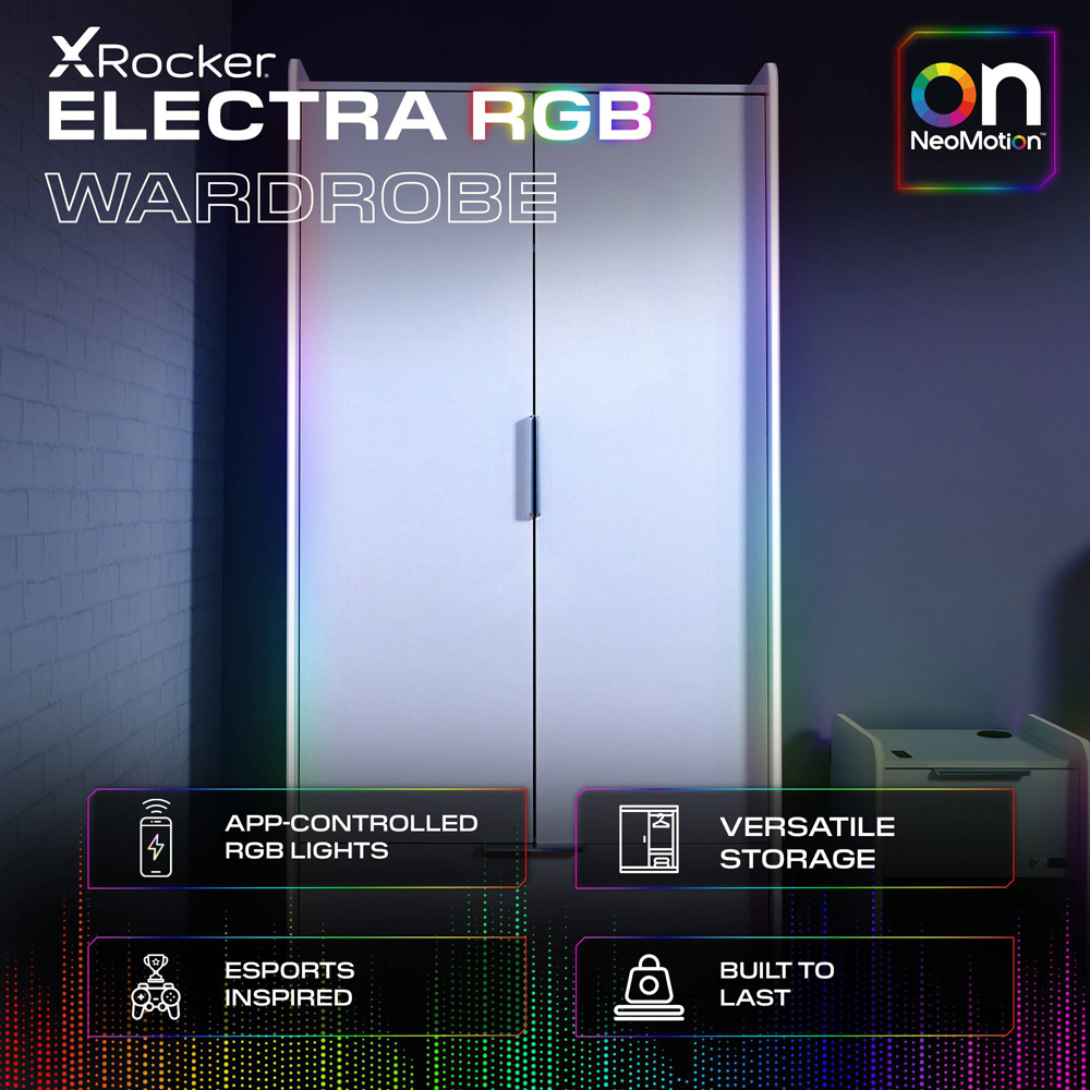 X Rocker Electra 2 Door Single Drawer LED White Wardrobe Image 2