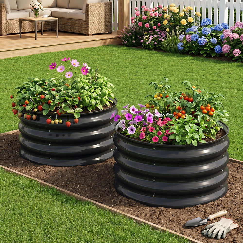 Living and Home Black Round Metal Raised Garden Bed with Open Bottom 60 x 30cm 2 Pack Image 2