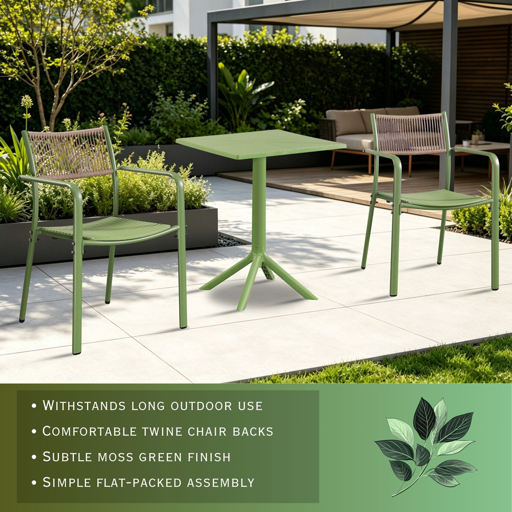 Core Products 2 Seater Moss Green Rope Back Effect Square Plastic Table Garden Bistro Set Image 7