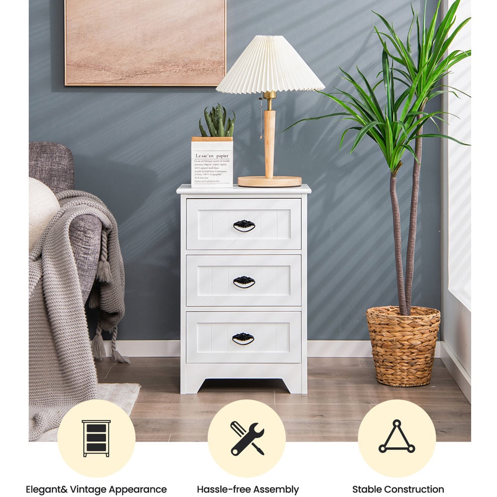 Costway 3 Drawer White Vintage Bedside Table Image 7