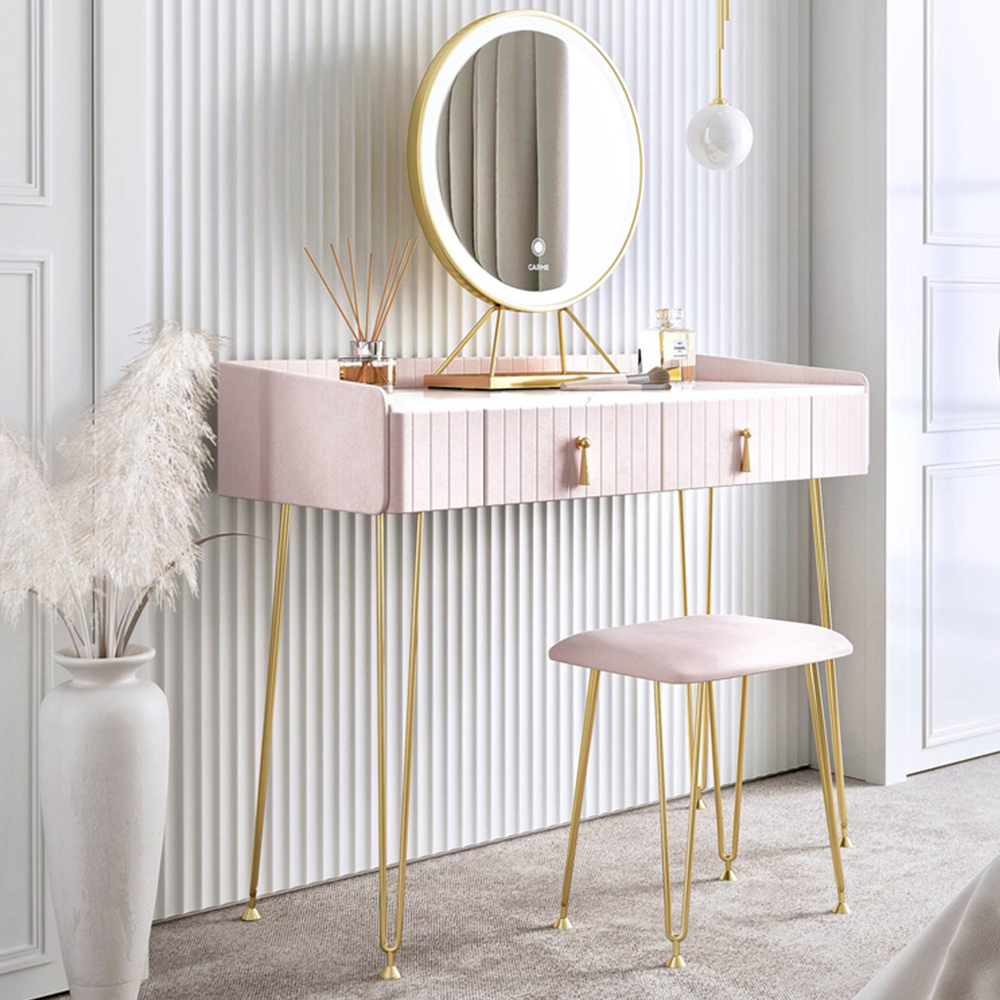 CARME Home Tokyo Glow 2 Drawer Pink Velvet Dressing Table Set with LED Mirror Image 1