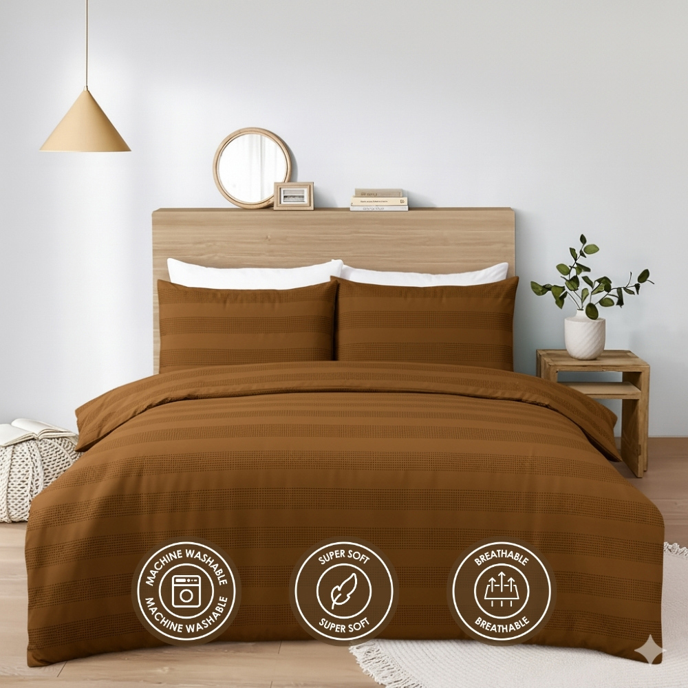 MHG Living Super King Size Tan Dobby Waffle Striped Duvet Set Image 6