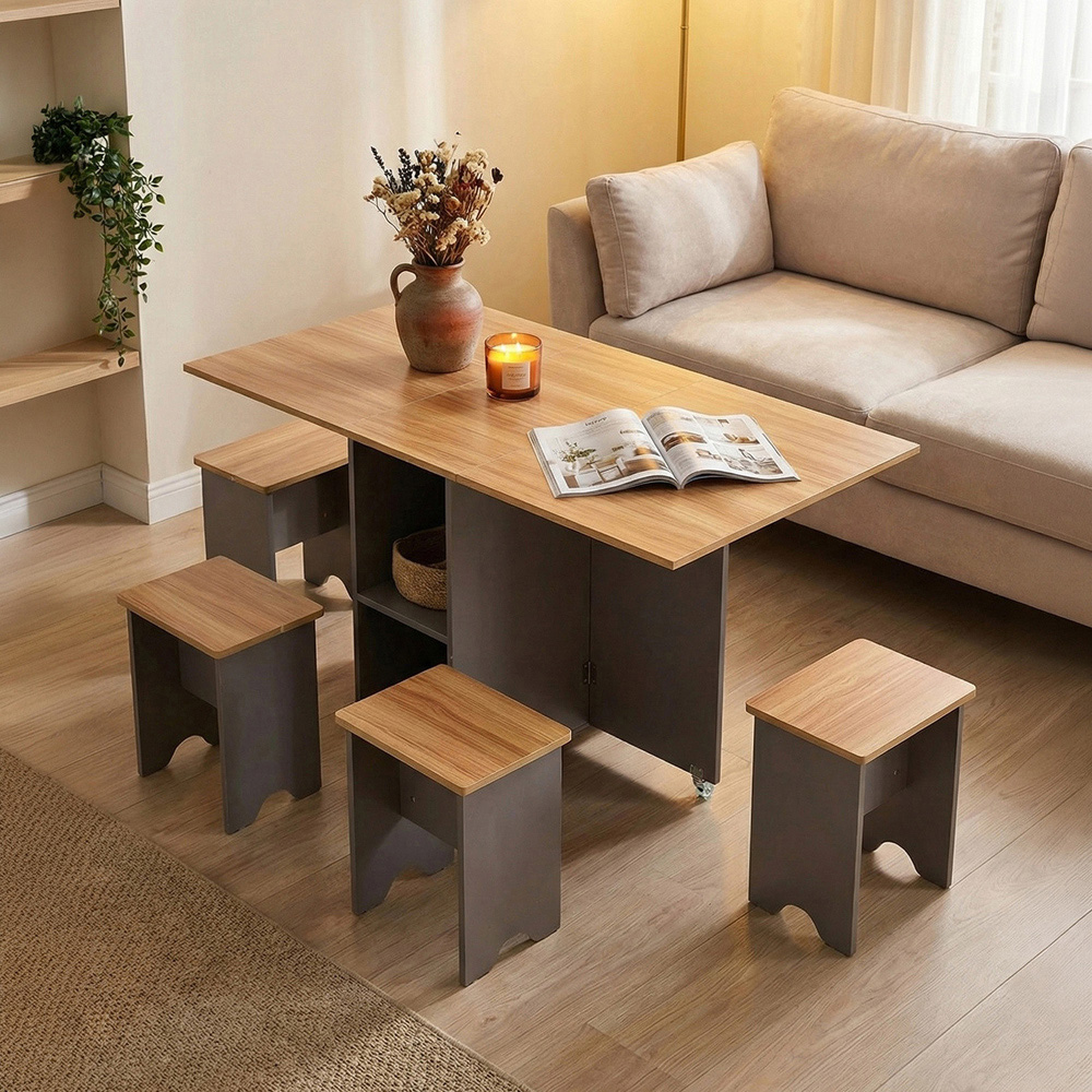 Living and Home 4 Seater Drop-Leaf Dining Table and Stool Set Grey and Natural Wood Grain Image 8