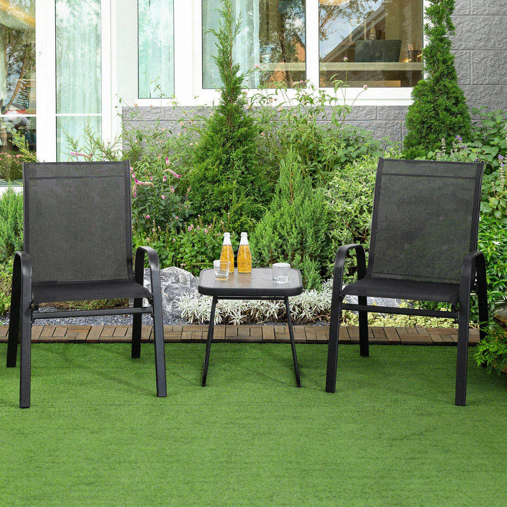 Outsunny Set of 2 Black Mesh Outdoor Stackable Armchairs with Coffee Table Image 1