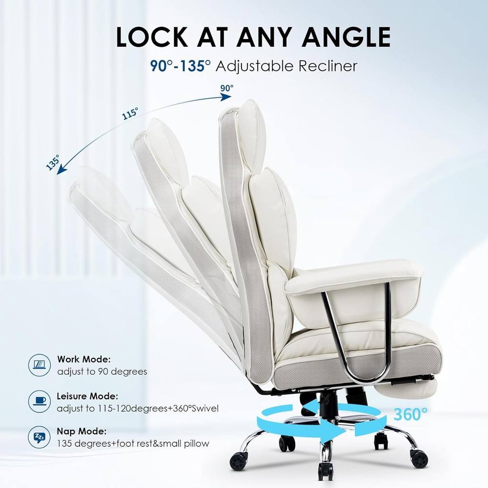 Rattrix White Leather Ergonomic High Back Swivel Office Chair with Footrest Image 6