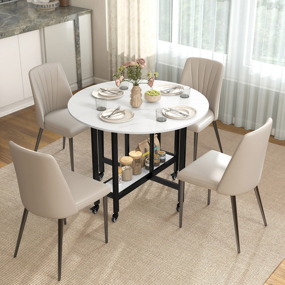 Portland 4 Seater Single Shelf White Marble Drop Leaf Folding Dining Table 100cm Image 2