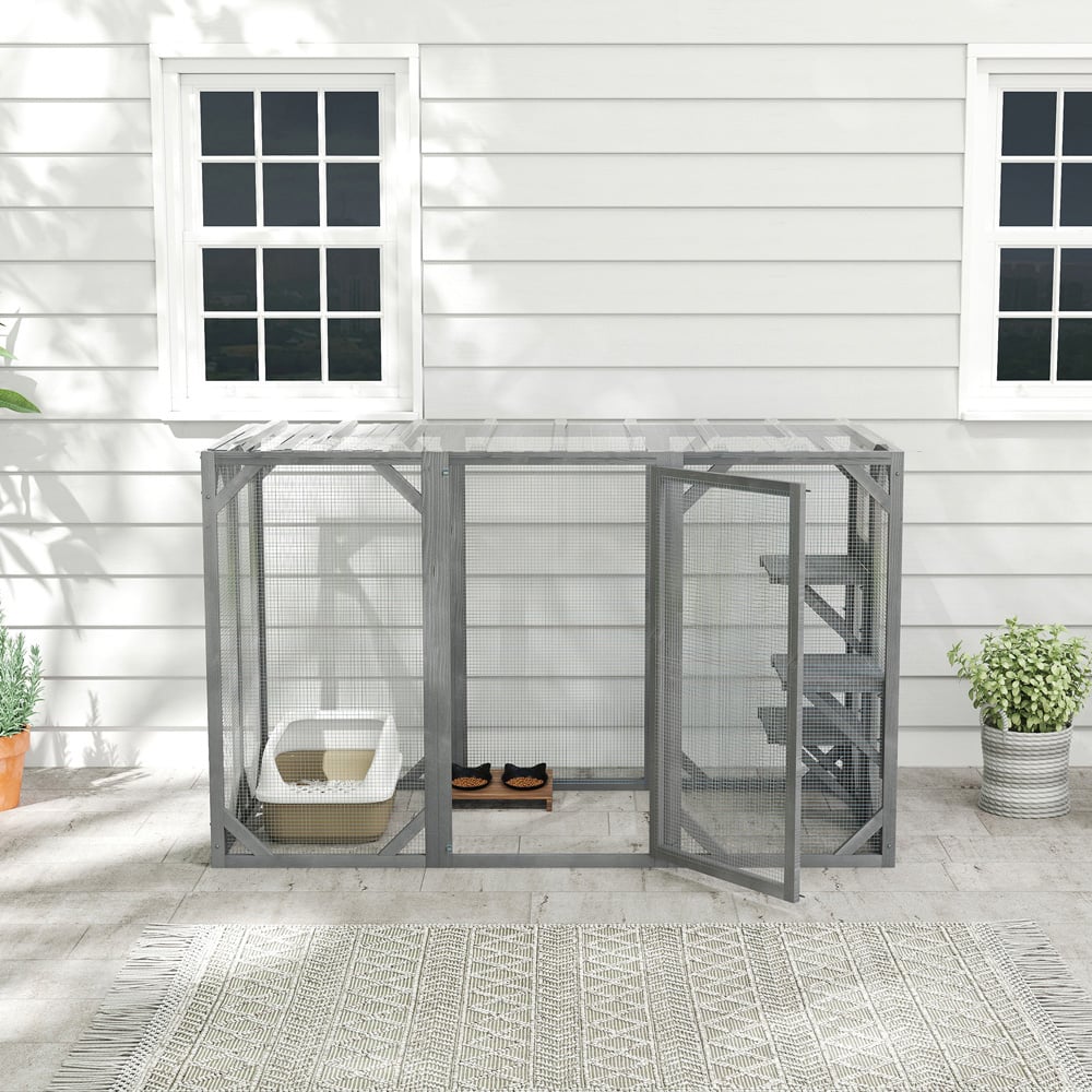 PawHut Grey Wooden Cat House with 3 Platform Image 4
