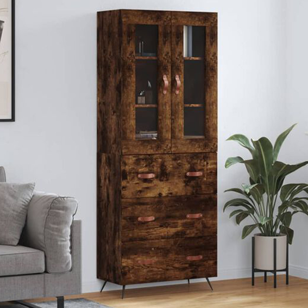 vidaXL 2 Glass Door 3 Drawer Smoked Oak Highboard Image 1