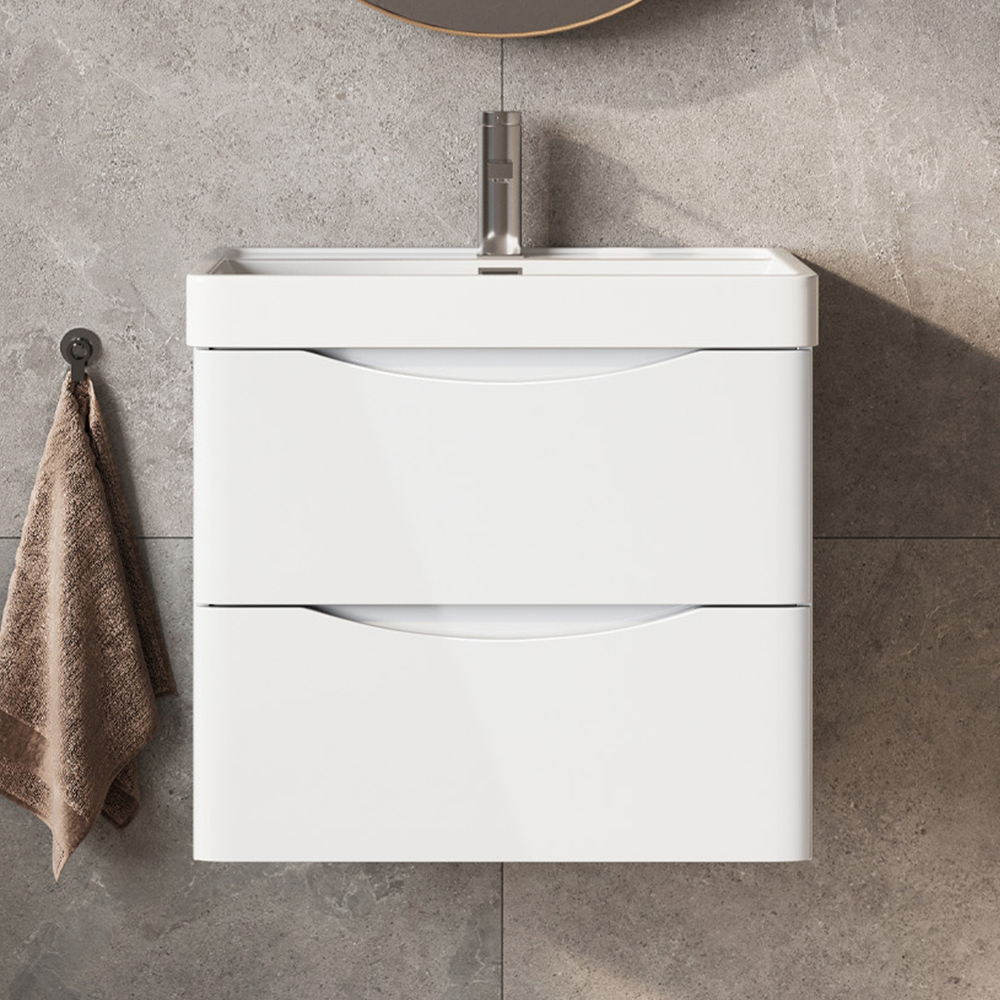 Go Bathrooms 2 Drawer White Gloss Wall Hung Vanity Unit with Ceramic Basin 600mm Image 1