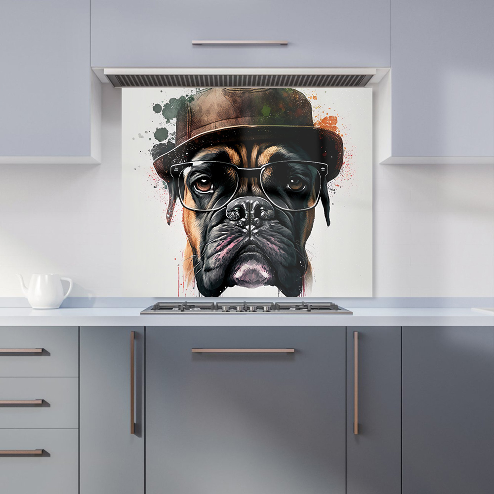 Warren Reed Designer Boxer Dog with Glasses Splashart Glass Kitchen Splashback 75 x 90cm Image 1