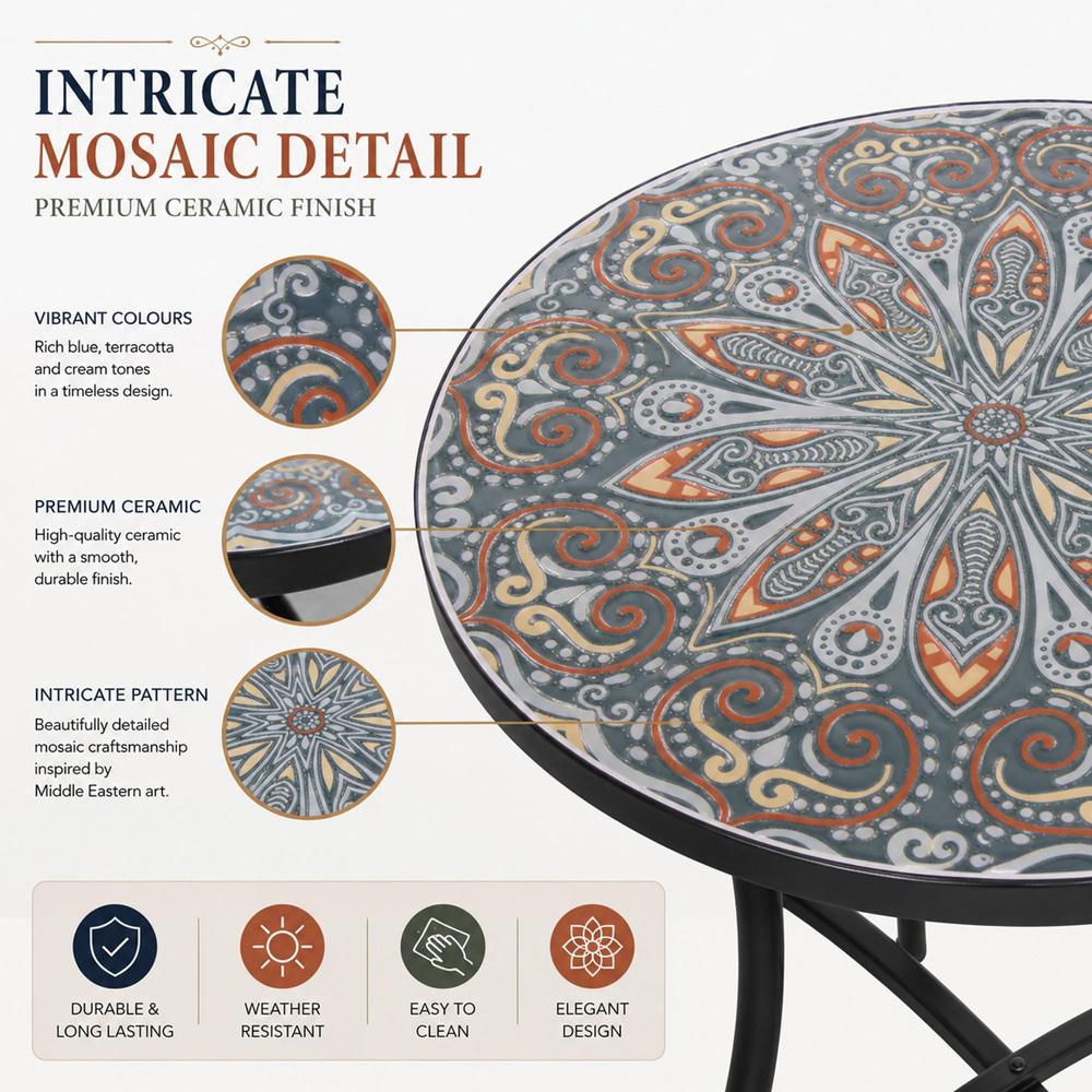 Shatchi Cairo 2 Seater Mosaic Ceramic Tile Top Foldable Bistro Set Image 5