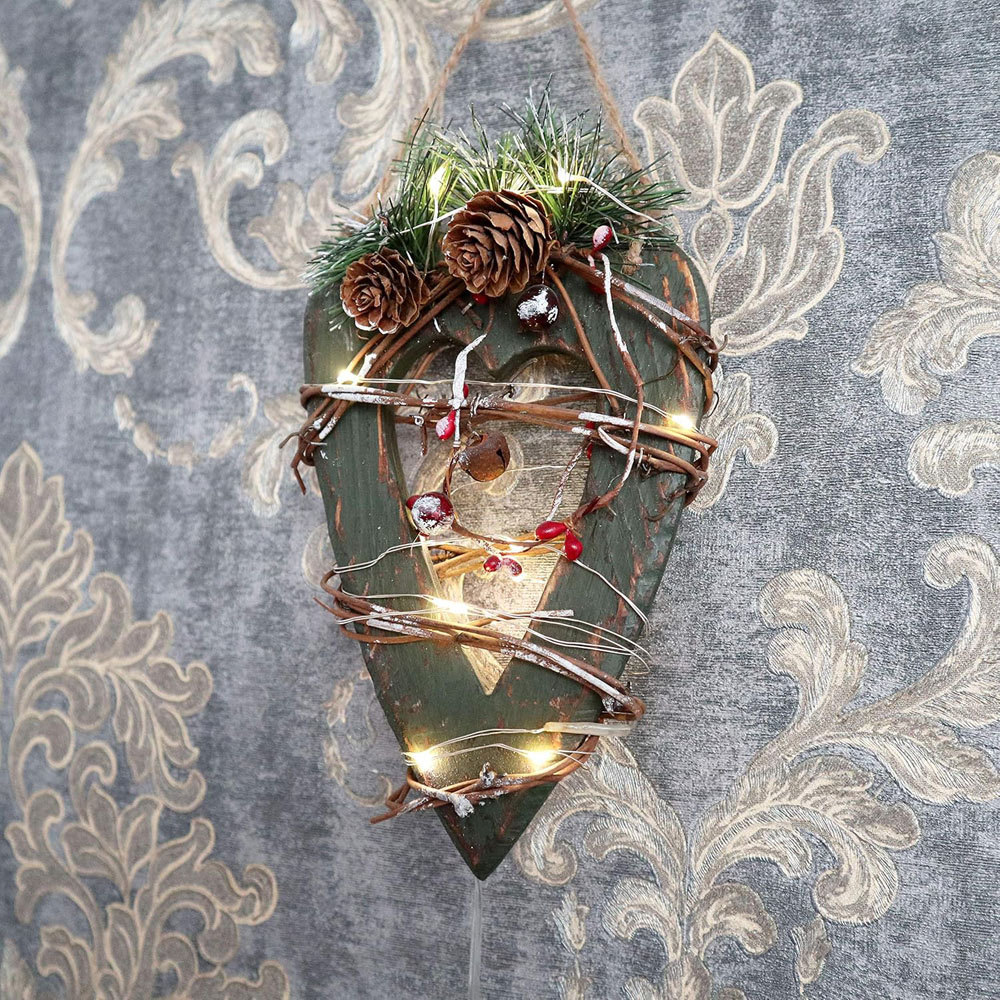 Shatchi Green Heart Wooden LED Hanging Christmas Ornament Image 4