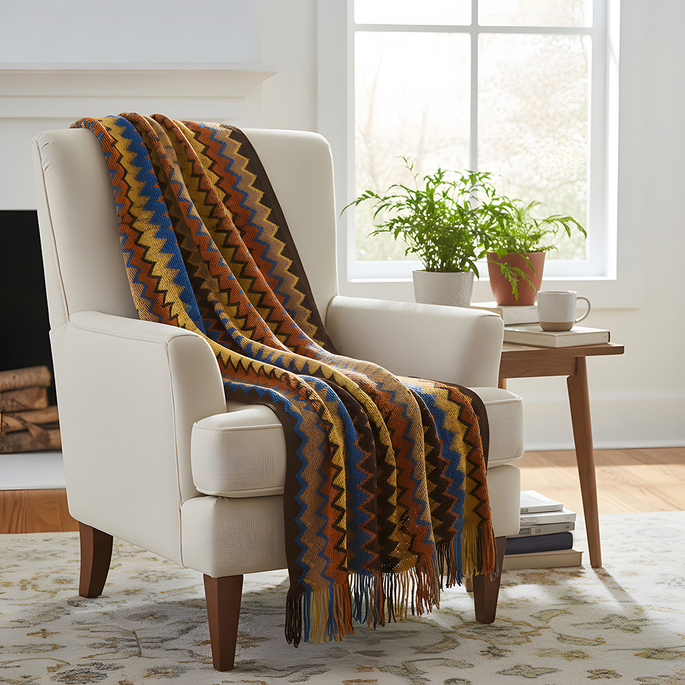 Living and Home Bohemian Brown Wave Sofa Throw Blanket with Tassels 170 x 127cm Image 2