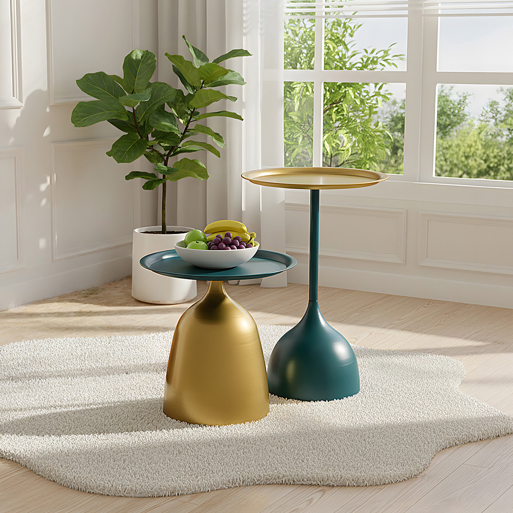 Living and Home Deep Teal and Gold Round Side Table Set of 2 Image 8