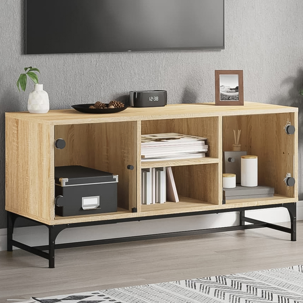 vidaXL 2 Glass Door 2 Shelf Natural Wooden TV Cabinet Image 1