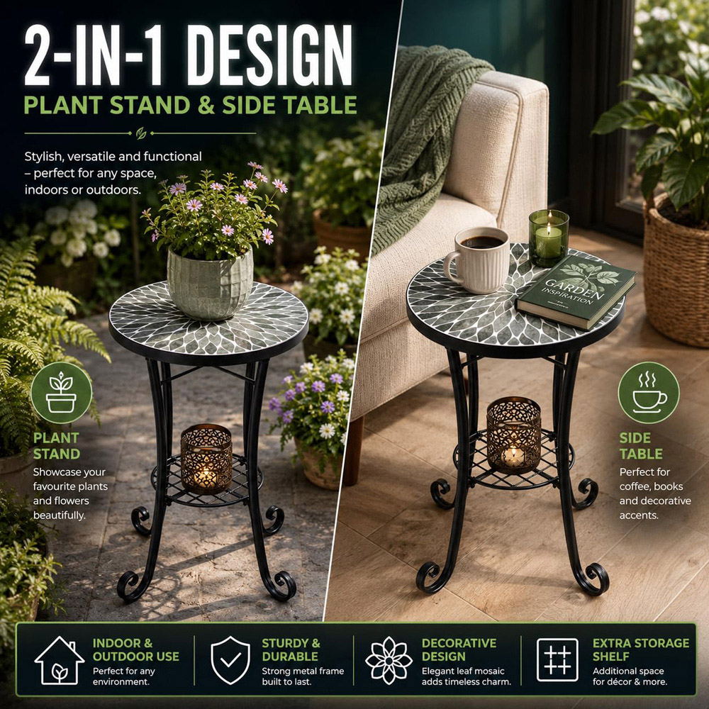 Shatchi Leaf 2-in-1 Single Shelf Mosaic Ceramic Tile Top Plant Stand Side Table Image 8