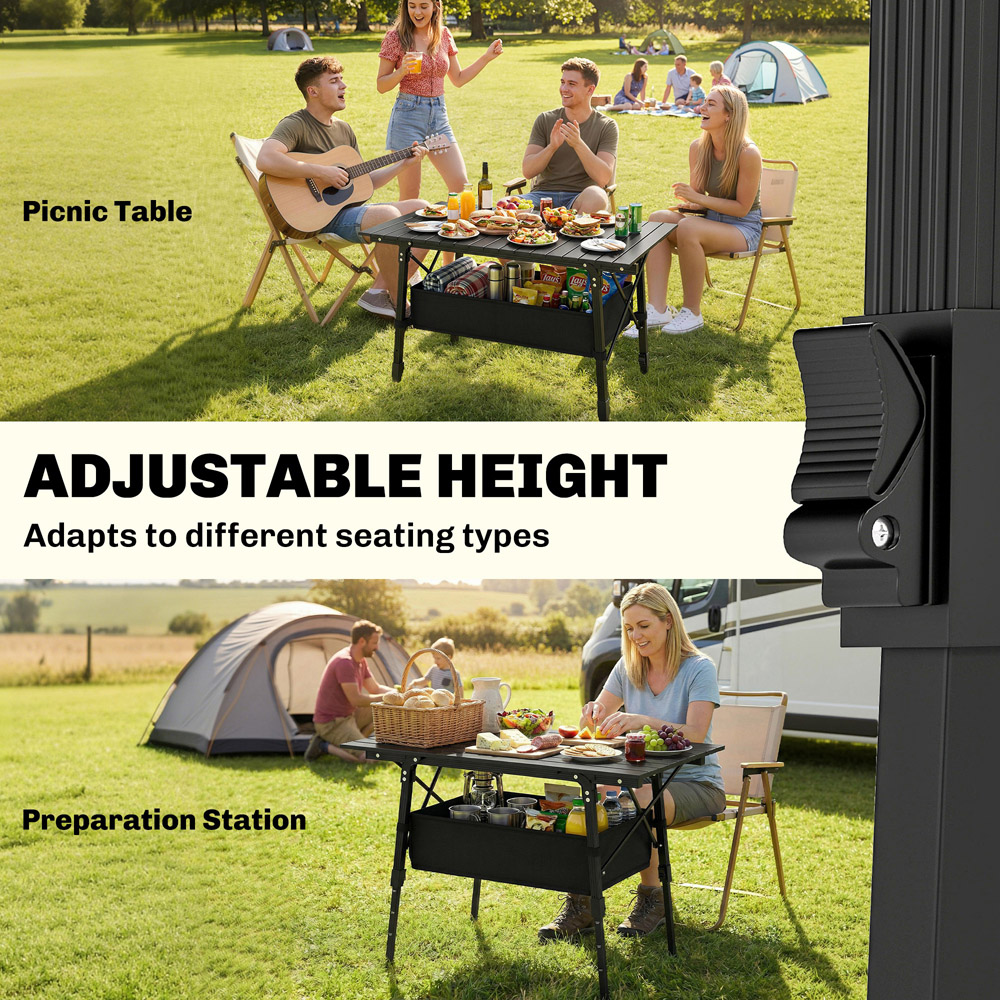 Outsunny 3ft Black Height Adjustable Foldable Camping Table with Storage Basket Image 4