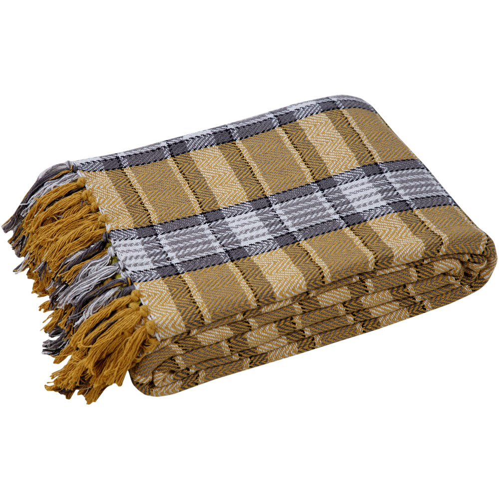 Velosso Grey and Ochre Bourbon Check Cotton Woven Tasselled Throw 178 x 254cm Image 1