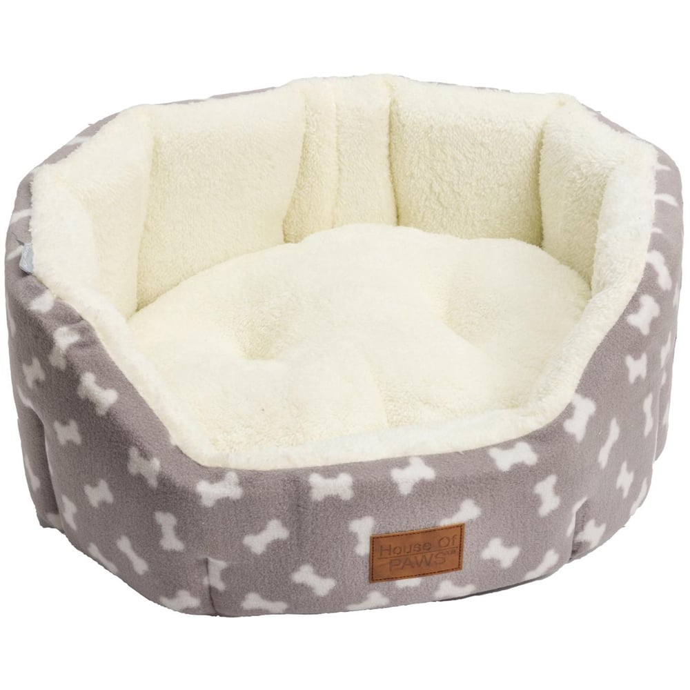 House of Paws Grey Fleece Bone Print Puppy Oval Dog Bed Image 1