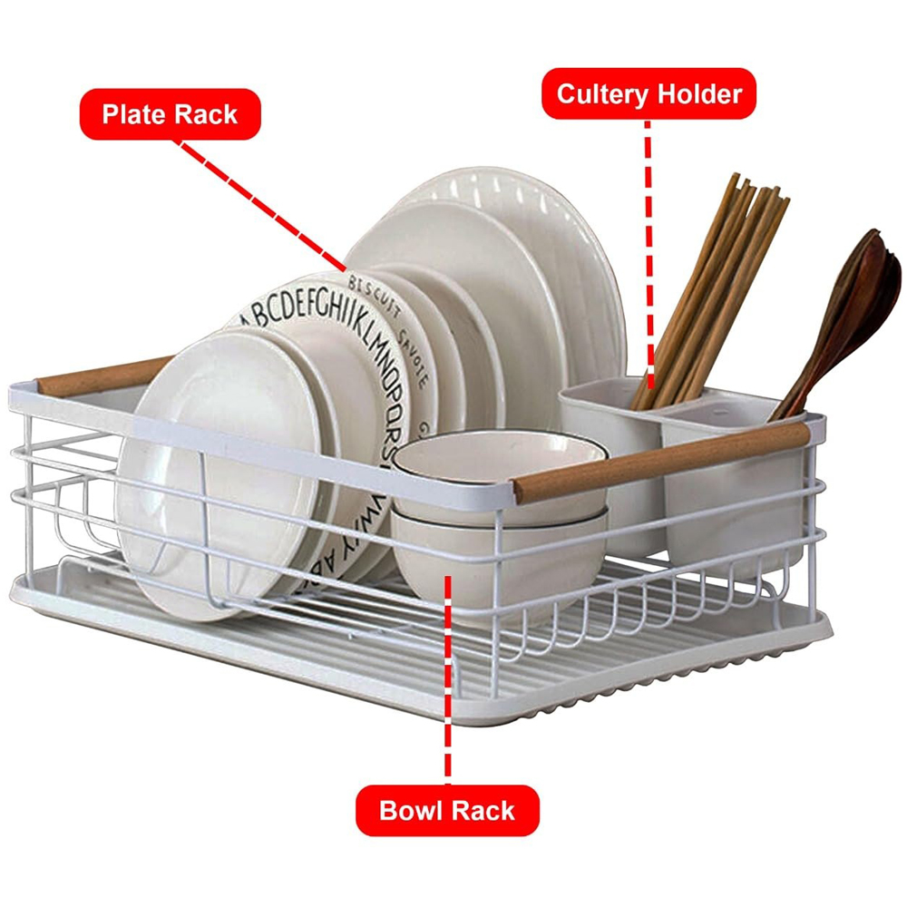 ATEK White Wooden Handle Dish Drying Rack with Drain Tray and Cutlery Holder Image 4