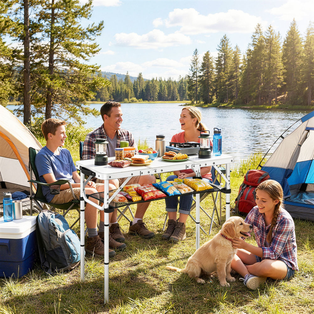 Outsunny 3ft White Foldable Camping Table with Storage Layer Image 2